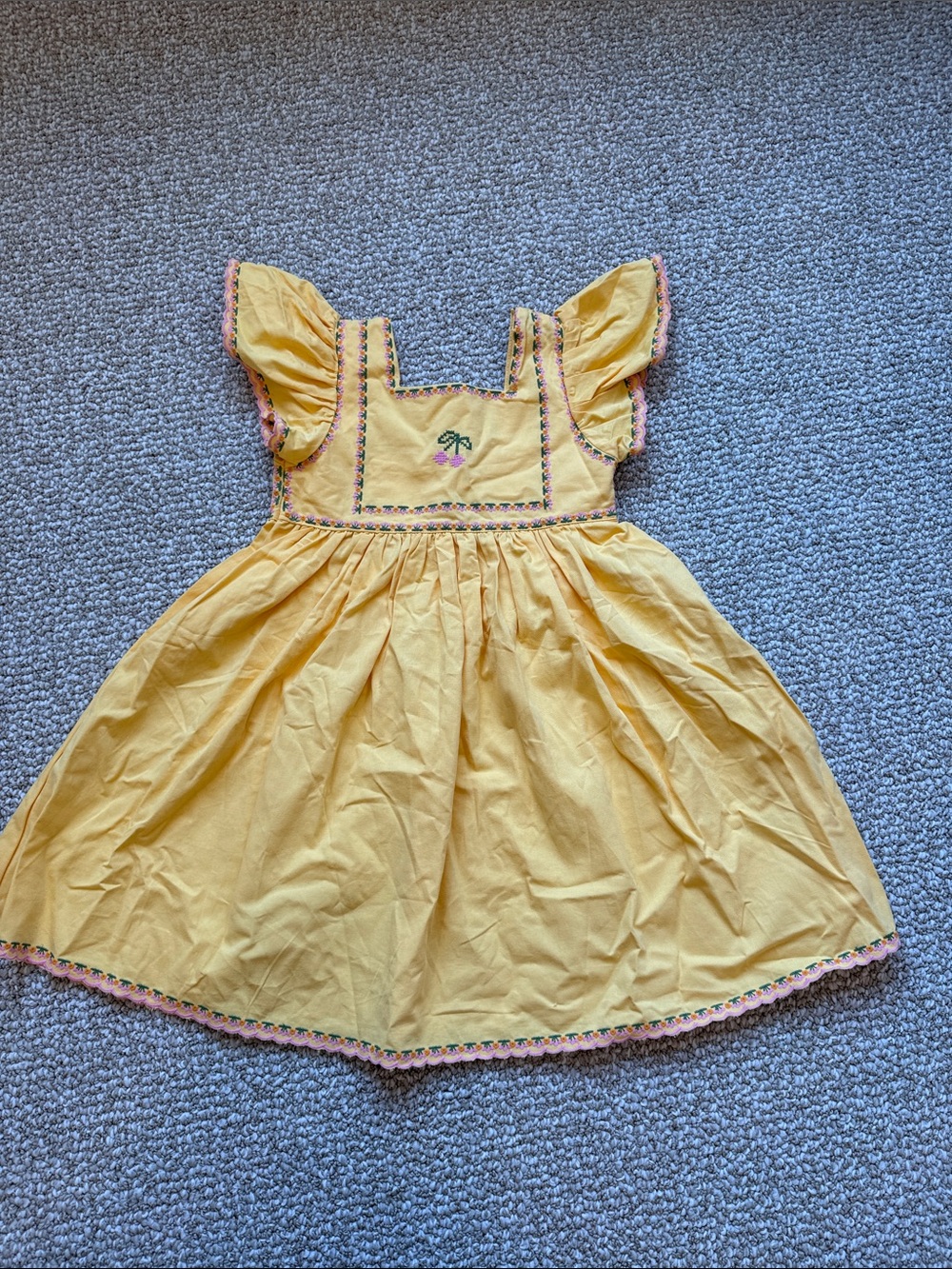 Emile Et Ida Inspired Yellow Smocked Flutter Sleeve Dress with Pink Trim